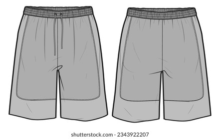 Die Männer sind transparent und tragen kurze, kurze Front- und Rückansicht. Fashion Flat Sketch Vektorgrafik, CAD, Technische Zeichnung, Flach Zeichnung, Vorlage, Mock-up.