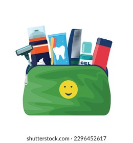 Men's travel cosmetic bag - comb, razor, toothpaste, brush, shaving foam, cream. Vector illustration.