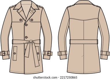 Men's trench coat  Front   back  Vector illustration 