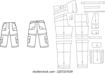 Men's trousers. Flat sketch drawing. Front and back view