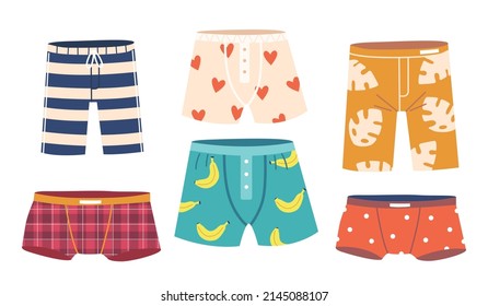 Mens Trunks, Boxers or Swimming Shorts, Male Underpants, Underwear Clothing, Bermuda Swimming Panties. Everyday Clothes, Colorful Swimwear, Casual Underclothes Garment. Cartoon Vector Illustration svg