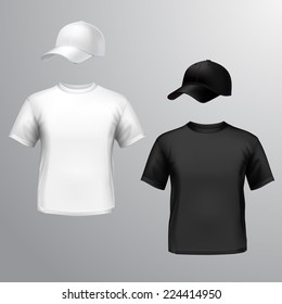 Mens t-shirt and baseball cap front set isolated on grey background vector illustration