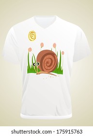 Men's t-shirt design template. Snail on the grass.
