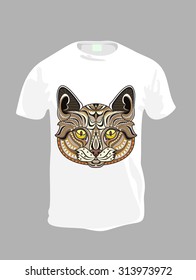 Men's t-shirt design template.Patterned head of cat.