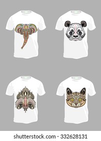 Men's t-shirt design template.Patterned head of elephant,panda, cat, monkey.