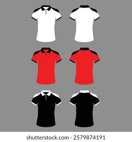 Men's t-shirt in different views with realistic style  and geometric retro traceries on shirts isolated related tags