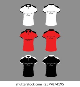 Men's t-shirt in different views with realistic style  and geometric retro traceries on shirts isolated related tags