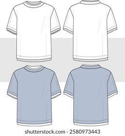 Men's t-Shirt fashion technical drawing template. Unisex T-Shirt technical fashion illustration, oversize, front and back view, unisex Tee Shirt CAD, mockup.
