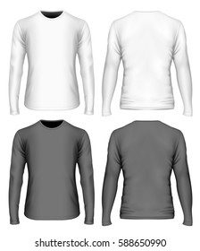 Men's t-shirt. Front and back views of white and black t-shirt. Long sleeve variants of t-shirt. Fully editable handmade mesh. Vector illustration.
