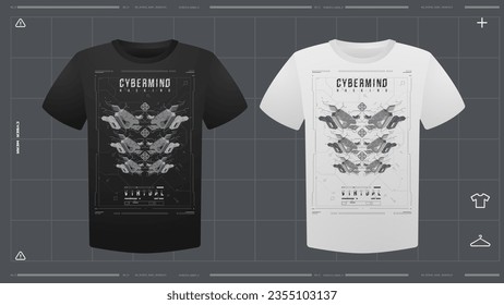 Men's t-shirt with futuristic print mockup. Front view. Vector template. Cyber Hud Design print.