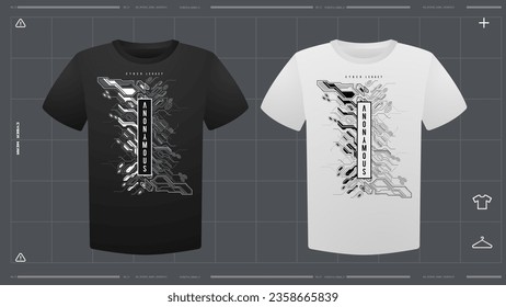 Men's t-shirt with futuristic print mockup. Front view. Vector template. Cyber Hud Design print.