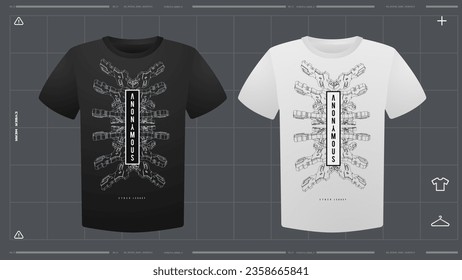 Men's t-shirt with futuristic print mockup. Front view. Vector template. Cyber Hud Design print.