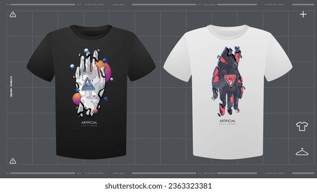 Men's t-shirt with futuristic print mockup. Front view. Vector template. Cyber Hud Design print.