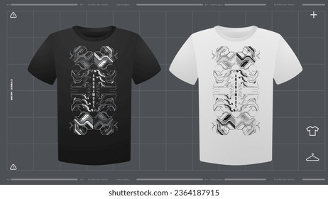 Men's t-shirt with futuristic print mockup. Front view. Vector template. Cyber Hud Design print.