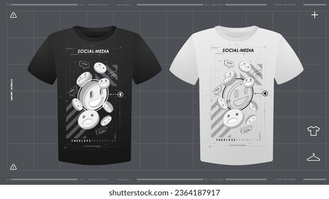 Men's t-shirt with futuristic print mockup. Front view. Vector template. Cyber Hud Design print.