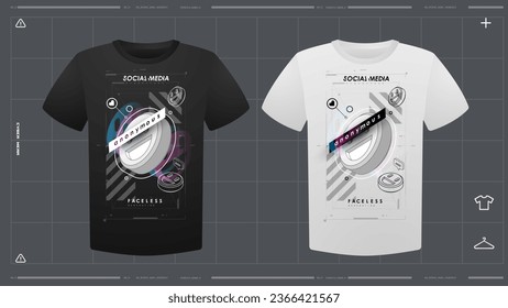 Men's t-shirt with futuristic print mockup. Front view. Vector template. Cyber Hud Design print.