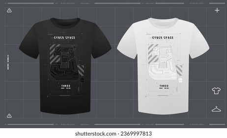 Men's t-shirt with futuristic print mockup. Front view. Vector template. Cyber Hud Design print.