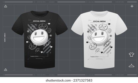 Men's t-shirt with futuristic print mockup. Front view. Vector template. Cyber Hud Design print.