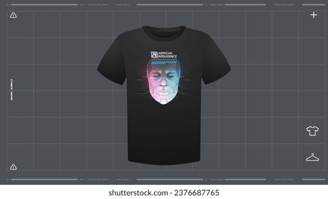 Men's t-shirt with futuristic print mockup. Front view. Vector template. Cyber Hud Design print.