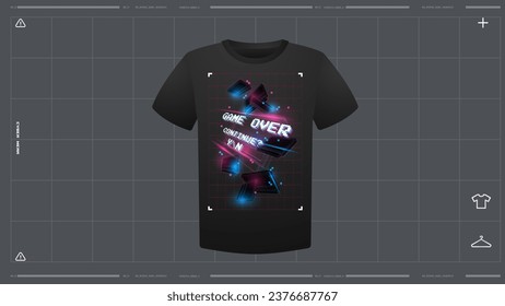 Men's t-shirt with futuristic print mockup. Front view. Vector template. Cyber Hud Design print.