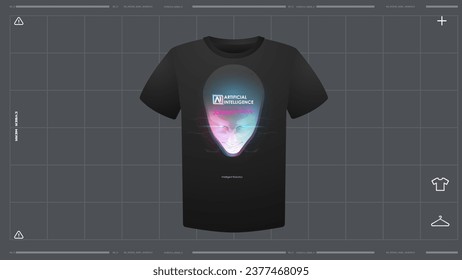 Men's t-shirt with futuristic print mockup. Front view. Vector template. Cyber Hud Design print.