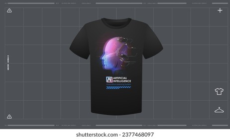 Men's t-shirt with futuristic print mockup. Front view. Vector template. Cyber Hud Design print.