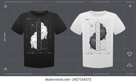 Men's t-shirt with futuristic print mockup. Front view. Vector template. Cyber Hud Design print.