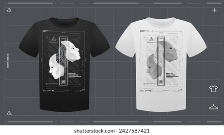 Men's t-shirt with futuristic print mockup. Front view. Vector template. Cyber Hud Design print.