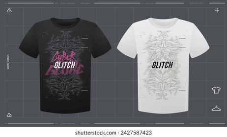Men's t-shirt with futuristic print mockup. Front view. Vector template. Cyber Hud Design print.