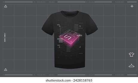 Men's t-shirt with futuristic print mockup. Front view. Vector template. Cyber Hud Design print.