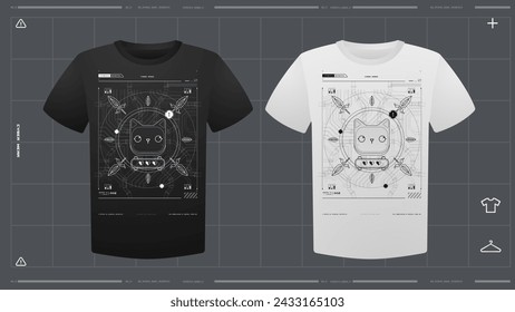 Men's t-shirt with futuristic print mockup. Front view. Vector template. Cyber Hud Design print.