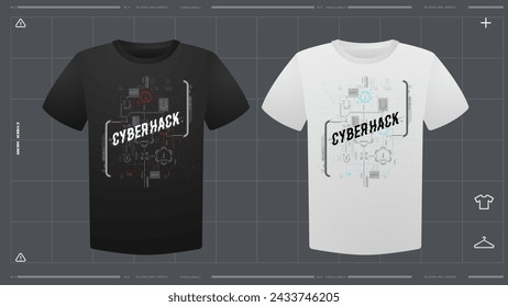 Men's t-shirt with futuristic print mockup. Front view. Vector template. Cyber Hud Design print.