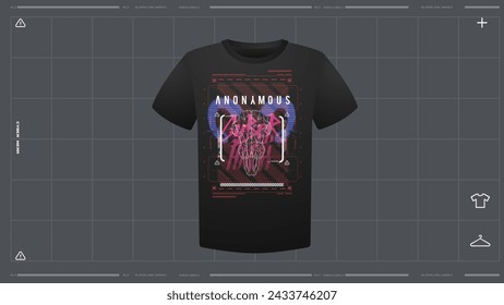 Men's t-shirt with futuristic print mockup. Front view. Vector template. Cyber Hud Design print.