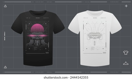 Men's t-shirt with futuristic print mockup. Front view. Vector template. Cyber Hud Design print.