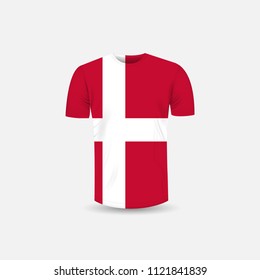 Men's T-shirt icon and Denmark flag background.Round neck Jersey background.Front view.Shadows and highlights mock-up templates.White jersey mock up template design.Vector Illustration