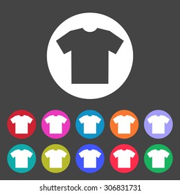 Men's T-shirt icon, the silhouette. Menu item in the web design. Set of colored icons.