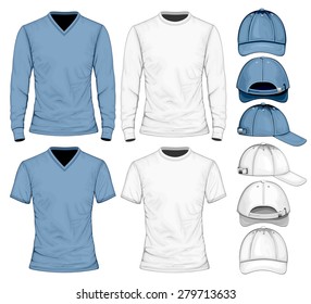 Camiseta para hombres de manga larga y corta y gorras de béisbol.  Ilustración vectorial.