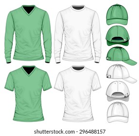 Men's t-shirt long and short sleeve and baseball caps.  Vector illustration.