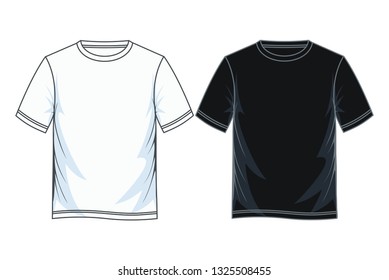 Men's t-shirt templates, black white color.
Front views.
Vector illustration.