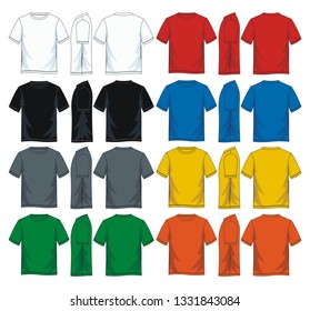 Men's t-shirt templates, Front, side and back views. Colorful variants. Vector illustration. 