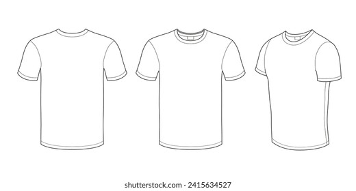 Men's t-shirt, white color template with empty space for your print.  Line graphic  illustration with editable black lines.  Three views: front, back and profile, line drawing.