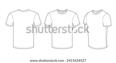Men's t-shirt, white color template with empty space for your print.  Line graphic  illustration with editable black lines.  Three views: front, back and profile, line drawing.