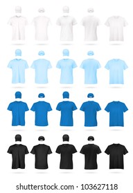 Men's t-shirts and hats template. White, blue and black colors.