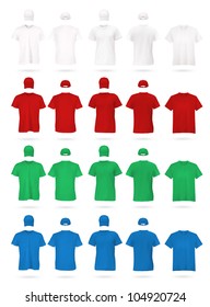 Men's t-shirts and hats template. White, green red and blue colors.