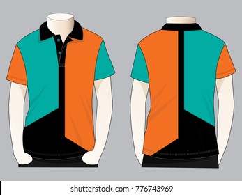 Men's Turquoise-Black-Orange Short Sleeve Polo Shirt Design on Gray Background.Front and Back View, Vector File