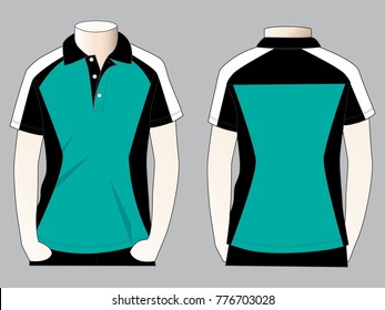 Men's Turquoise-Black-White Short Sleeve Polo Shirt Design on Gray Background. Front and Back View.