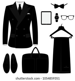 Men's tuxedo. Men's Accessories. Wedding men's set. Flat design. Vector illustration.