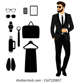 Esmoquin masculino. Accesorios para hombres. Conjunto de hombres casados. Caballero. Diseño plano. Ilustración vectorial.