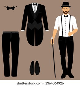 Men's tuxedo. Gentleman. Men's Accessories. Flat design. Vector illustration.