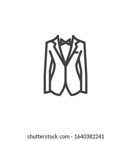 Men's tuxedo jacket with bow tie line icon. linear style sign for mobile concept and web design. Wedding suit jacket outline vector icon. Symbol, logo illustration. Vector graphics